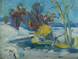 Werkverzeichnis Nr. 613, um 1972, Winterlandschaft mit Bach und Bäumen, Öl auf Karton, 17,6 x 23,8 cm