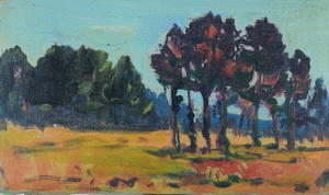 Werkverzeichnis Nr. 614, um 1972, Bäume auf einem Feld, Acryl auf Karton, 17,8 x 30,6 cm