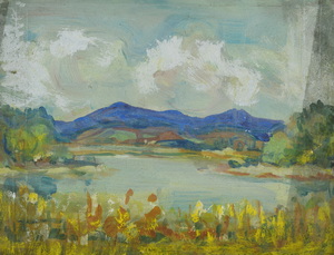 Werkverzeichnis Nr. 615, um 1972, Großer Ostersee mit Herzogstand und Heimgarten, Acryl auf Karton, 24,8 x 32,8 cm