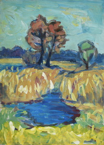 Werkverzeichnis Nr. 622, um  1972, Mooslandschaft mit Gewässer und Bäumen, Öl auf Karton, 36,4 x 26,5 cm