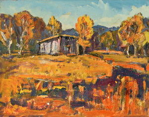Werkverzeichnis Nr. 626, um 1972, Hütte im Dachauer Moos, Öl auf Karton, 38,2 x 48,5 cm
