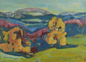 Werkverzeichnis Nr. 655, um 1972, Blick auf die Benediktenwand, Öl auf Karton, 38,4 x 52,8 cm