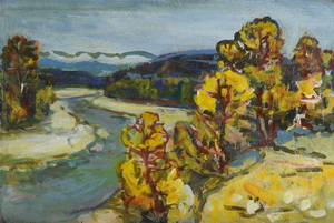 Werkverzeichnis Nr. 640, um 1972, Isar, Öl auf Karton, 39,8 x 59,2 cm