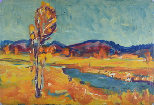 Werkverzeichnis Nr. 628, um 1972, Mooslandschaft mit Baum und Bach, Öl auf Karton, 40,0 x 58,6 cm