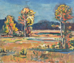Werkverzeichnis Nr. 629, um 1972, Mooslandschaft mit Bäumen und Bergen, Öl auf Karton, 48,5 x 56,5 cm