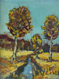 Werkverzeichnis Nr. 630, um 1972, Mooslandschaft mit Bäumen und Graben, Öl auf Karton, 49,0 x 37,5 cm