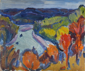 Werkverzeichnis Nr. 641, um 1972, Isar mit Georgenstein, Öl auf Karton, 50,4 x 60,0 cm, 
						Rückseite von Werkverzeichnis Nr. 120, um 1954, Bäume im Mühltal
