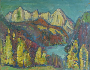 Werkverzeichnis Nr. 654, um 1972, Königssee, Öl auf Hartfaser, 54,3 x 69,4 cm,
						auf der Rückseite: Werkverzeichnis Nr. 1530, um 1990, See mit Bäumen