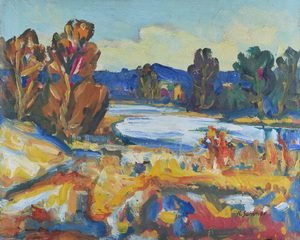 Werkverzeichnis Nr. 642, um 1972, Isar mit Bäumen, Acryl auf Hartfaser, 55,0 x 69,6 cm