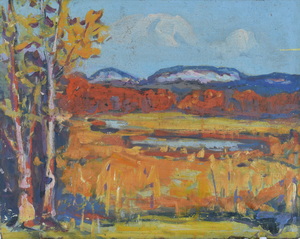 Werkverzeichnis Nr. 633, um 1972, Gewässer in den Voralpen, Öl auf Hartfaser, 56,7 x 71,0 cm