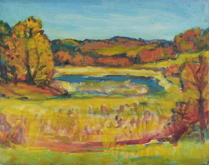 Werkverzeichnis Nr. 634, um 1972, Gewässer zwischen Hügeln, Öl auf Hartfaser, 56,7 x 71,0 cm