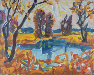 Werkverzeichnis Nr. 611, um 1972, Weiher mit Bäumen, Öl auf Hartfaser, 56,7 x 71,1 cm