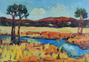 Werkverzeichnis Nr. 636, um 1972, Mooslandschaft mit Bach und Kiefern, Öl auf Hartfaser, 56,7 x 71,1 cm<br>
						bez. u.r.: K. Sommer