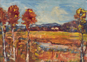 Werkverzeichnis Nr. 637, um 1972, Mooslandschaft mit Bach und Bäumen, Öl auf Karton, 57,2 x 80,0 cm