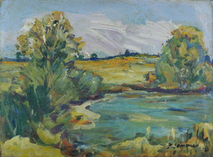 Werkverzeichnis Nr. 632, um 1972, Gewässer mit Bäumen, Öl auf Karton, 39,0 x 54,0 cm