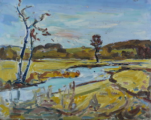 Werkverzeichnis Nr. 645, um 1972, Mooslandschaft mit Bach, Öl auf Hartfaser, 39,0 x 54,0 cm 