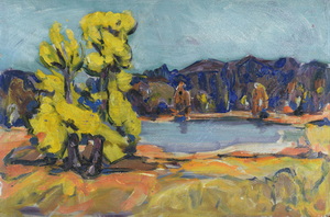 Werkverzeichnis Nr. 635, um 1972,  Gewässer mit Baum und Wald, Öl auf Karton, 39,9 x 59,5 cm