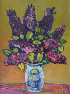 Werkverzeichnis Nr. 677, um 1972, Flieder in heller Vase, Öl auf Hartfaser, 68,0 x 51,0 cm