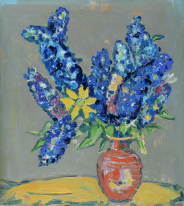 Werkverzeichnis Nr. 674, um 197, Rittersporn in brauner Vase, Öl auf Karton, 73,2 x 65,4 cm