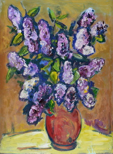 Werkverzeichnis Nr. 676, um 1972, Flieder in brauner Vase,  Acryl auf Karton, 79,8 x 59,8 cm