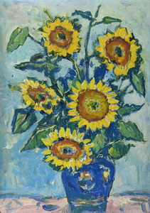 Werkverzeichnis Nr. 670, um 1972,  Sonnenblumen in blauem Krug, Öl auf Hartfaser, 80,2 x 57,2 cm