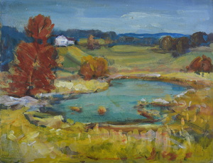 Werkverzeichnis Nr. 631, um 1972, Hügelige Landschaft mit kleinem Weiher und Gehöft, Öl auf Karton, 26,0 x 43,1 cm
