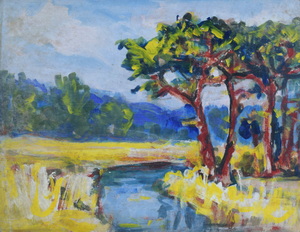 Werkverzeichnis Nr. 647, um 1972, Mooslandschaft mit Bach und Bäumen, Öl auf Karton, 37,3 x 48,5 cm 