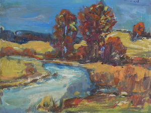 Werkverzeichnis Nr. 657, um 1972, Hügelige Landschaft mit Bach und Bäumen, Öl auf Karton, 37,3 x 48,7 cm