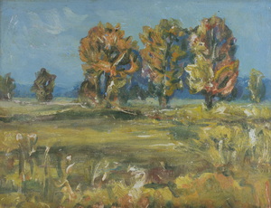 Werkverzeichnis Nr. 621, um 1972, Mooslandschaft mit Bäumen, Öl auf Karton, 37,8 x 49,5 cm