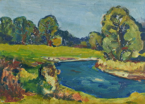 Werkverzeichnis Nr. 644, um 1972, An der Amper, Öl auf Karton, 37,8 x 52,2 cm
