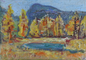 Werkverzeichnis Nr. 662, um 1972, Kleiner Gebirgssee, Öl auf Karton, 38,0 x 53,0 cm