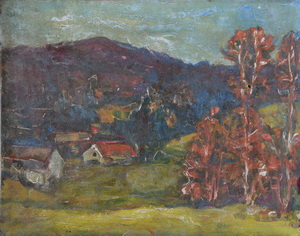Werkverzeichnis Nr. 656, um 1972, Häuser und Bäume in einer Berglandschaft, Öl auf Karton, 38,6 x 48,5 cm