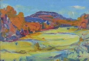 Werkverzeichnis Nr. 660, um 1972, Hügelige Landschaft, Öl auf Karton, 40,0 x 57,0 cm