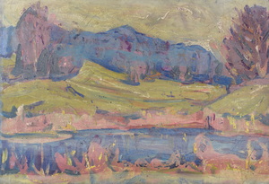 Werkverzeichnis Nr. 663, um 1972, See in einer Berglandschaft, Öl auf Karton, 40,0 x 57,3 cm