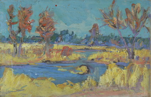 Werkverzeichnis Nr. 620, um 1972, Mooslandschaft mit Bach und Bäumen, Öl auf Karton, 40,0 x 60,3 cm