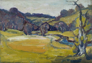 Werkverzeichnis Nr. 658, um 1972, Hügelige Landschaft mit Bach und kahlem Baum, Öl auf Karton, 40,5 x 58,0 cm