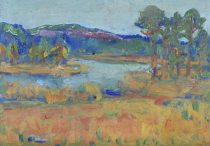 Werkverzeichnis Nr. 666, um 1972, See in einer bergigen Landschaft, Öl auf Karton, 40,6 x 57,5 cm