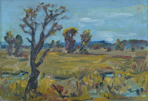 Werkverzeichnis Nr. 624, um 1972, Flache Mooslandschaft, Öl auf Karton, 40,7 x 58,0 cm
