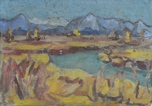 Werkverzeichnis Nr. 639, um 1972, Isar, Öl auf Karton, 40,8 x 57,6 cm
