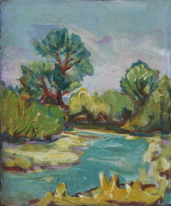 Werkverzeichnis Nr. 646, um 1972, Landschaft mit Bach und Bäumen, Öl auf Karton, 47,0 x 40,0 cm 