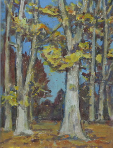 Werkverzeichnis Nr. 668, um 1972, Baumstämme, Öl auf Karton, 48,5 x 37,8 cm