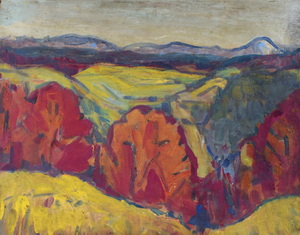Werkverzeichnis Nr. 661, um 1972, Hügelige Voralpenlandschaft, Öl auf Hartfaser, 53,4 x 67,8 cm