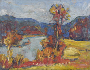 Werkverzeichnis Nr. 659, um 1972, Berglandschaft mit einem Bach, Öl auf Karton, 56,4 x 71,3 cm