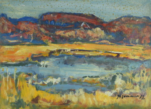 Werkverzeichnis Nr. 694, um 1973, See vor bewaldeten Hügeln,  Öl auf Karton, 38,4 x 53,0 cm,
						bez. u.r.:  K. Sommer 73
