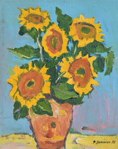 Werkverzeichnis Nr. 690, 1973, Sonnenblumen vor hellblauem Grund, Öl auf Hartfaser, 71,2 x 56,7 cm,
						bez. u.r.:  K. Sommer 73