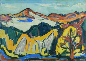 Werkverzeichnis Nr. 683,  1973, Berglandschaft mit gelbem Baum, Öl auf Karton, 57,0 x 80,2 cm,
						bez. u.l.:  K. Sommer 73