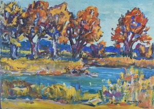 Werkverzeichnis Nr. 688,  1973, Bäume an der Amper, Öl auf Karton, 57,0 x 80,3 cm,
						bez. u.r.:  K. Sommer 73