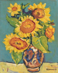 Werkverzeichnis Nr. 691, 1973, Sonnenblumen vor türkisem Grund, Öl auf Hartfaser, 71,2 x 56,6 cm, bez. u.r.:  K. Sommer 73