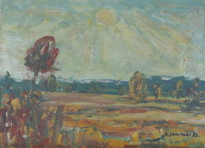 Werkverzeichnis Nr. 684, 1973, Mooslandscahft mit Alpen im Hintergrund, Öl auf Karton, 38,0 x 52,6 cm, bez. u.r.: K. Sommer 73.