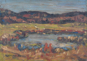 Werkverzeichnis Nr. 685, 1973, Mooslandschaft mit Teich vor Hügeln, Öl auf Karton, 38,0 x 52,9 cm, bez. u.l.: K. Sommer 73 
